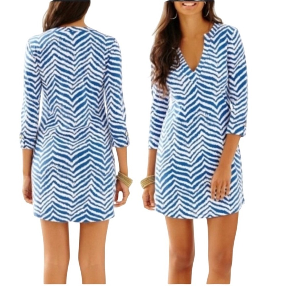 Lilly Pulitzer Rossman Blue White Chevron Print Dress V Neck Roll Tab Sleeve‎